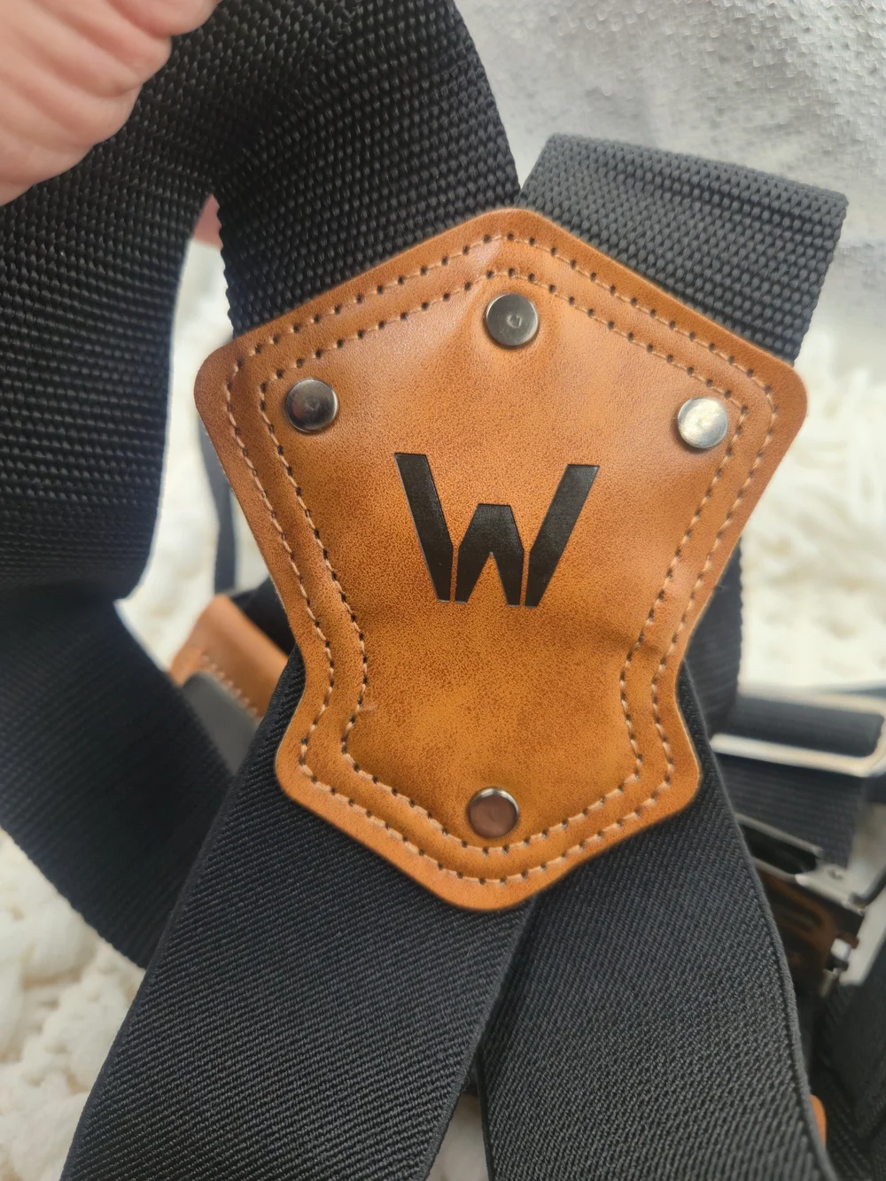 Logo Black Elastic en’s Suspenders with Brown Leather Accent